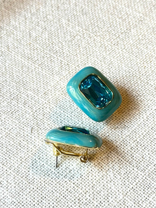 mavi taşlı pirinç detaylı küpe - zirkonyum taşlı küpe - lumiere küpe - özel tasarım küpe - firera atelier