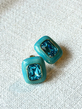 mavi taşlı pirinç detaylı küpe - zirkonyum taşlı küpe - lumiere küpe - özel tasarım küpe - firera atelier