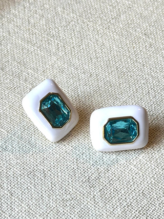 mavi taşlı pirinç detaylı küpe - zirkonyum taşlı küpe - lumiere küpe - özel tasarım küpe - firera atelier