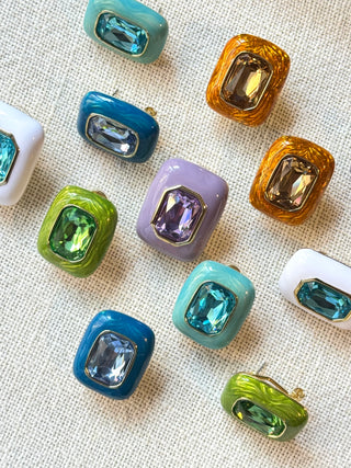 mavi taşlı pirinç detaylı küpe - zirkonyum taşlı küpe - lumiere küpe - özel tasarım küpe - firera atelier
